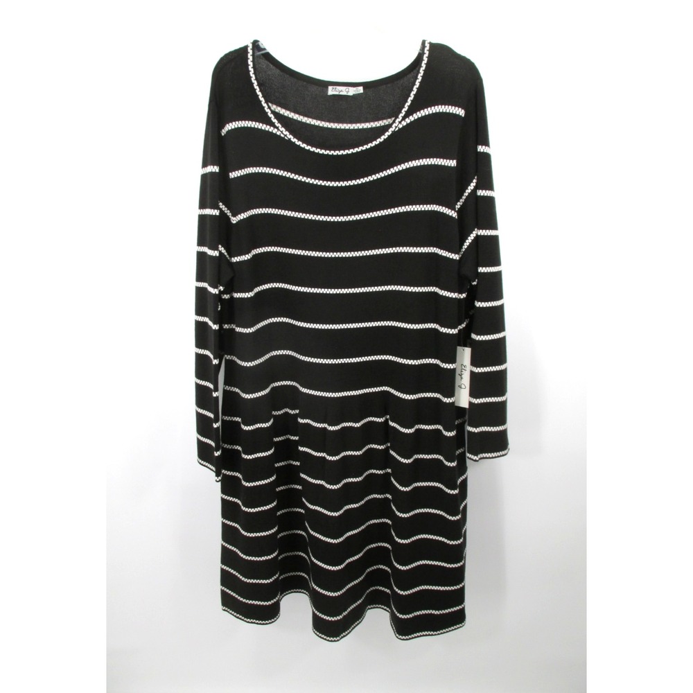 NWT ELIZA J Midi Knit Fit Flare Dress Women 3X Black Ivory Stripe Long Sleeves